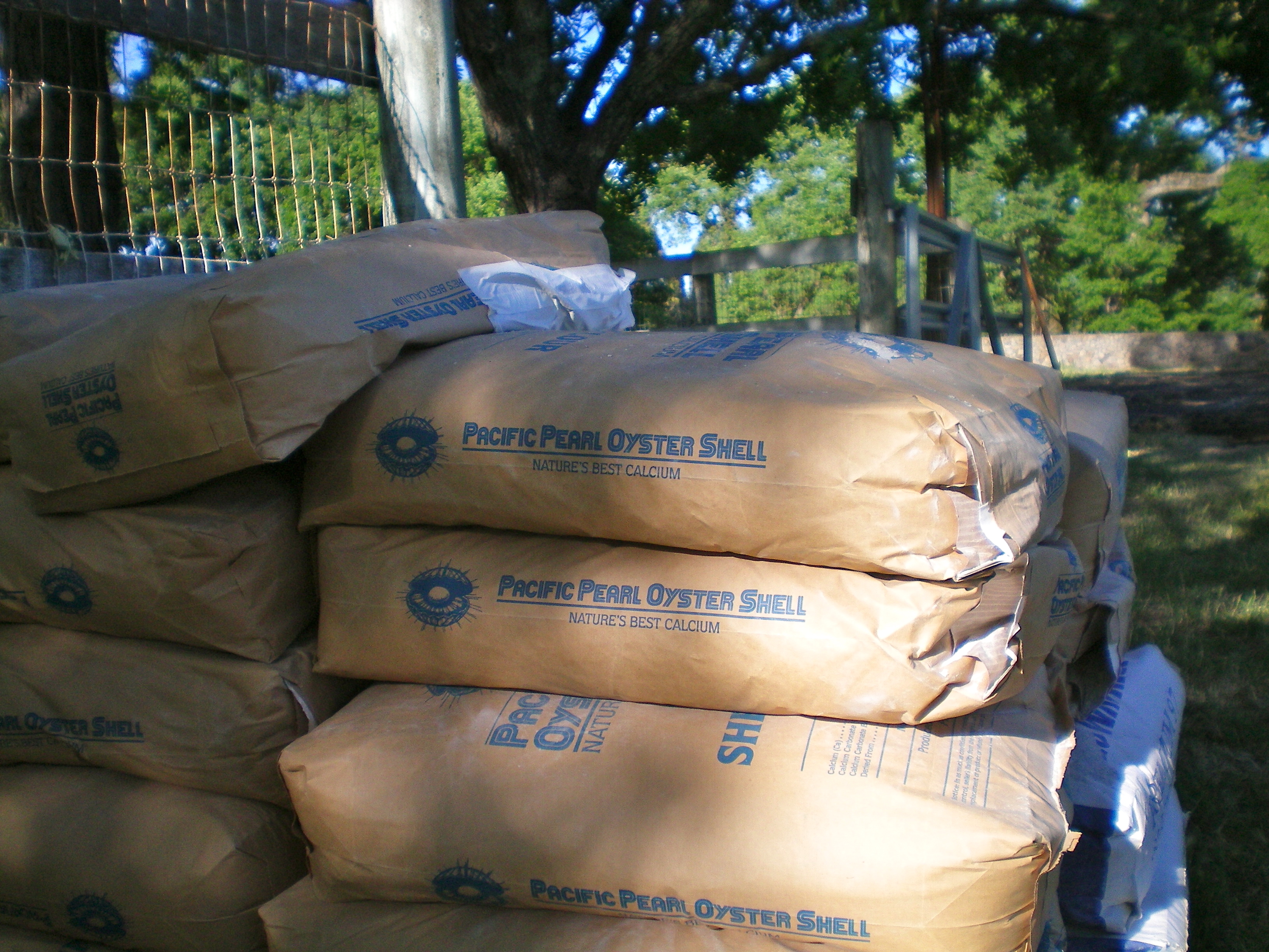 Bags of oyster shell flour and gypsum